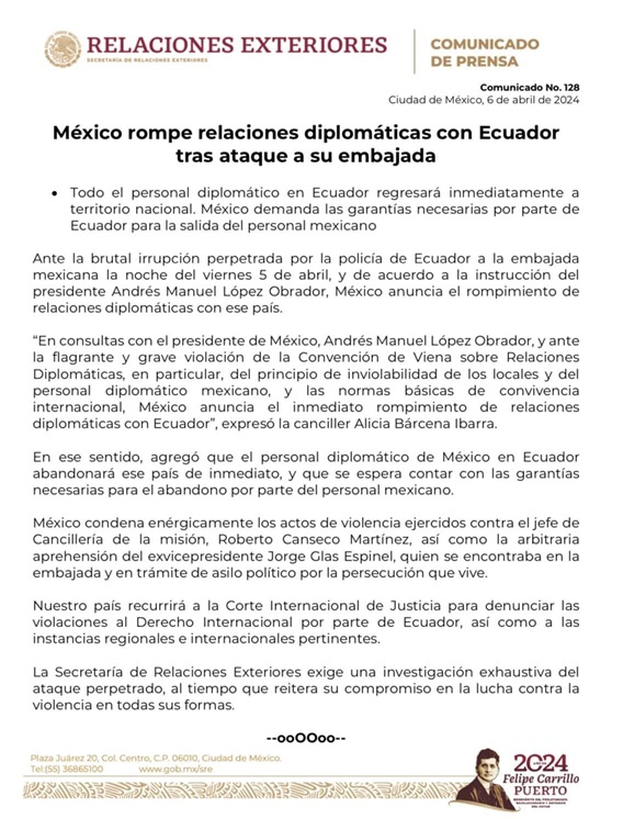 ÚLTIMO MOMENTO: MÉXICO ROMPE RELACIONES CON ECUADOR