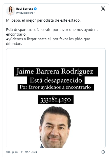 DESAPARECE EN JALISCO EL PERIODISTA JAIME BARRERA RODRÍGUEZ, NO LLEGO A SU PROGRAMA NOCTURNO
