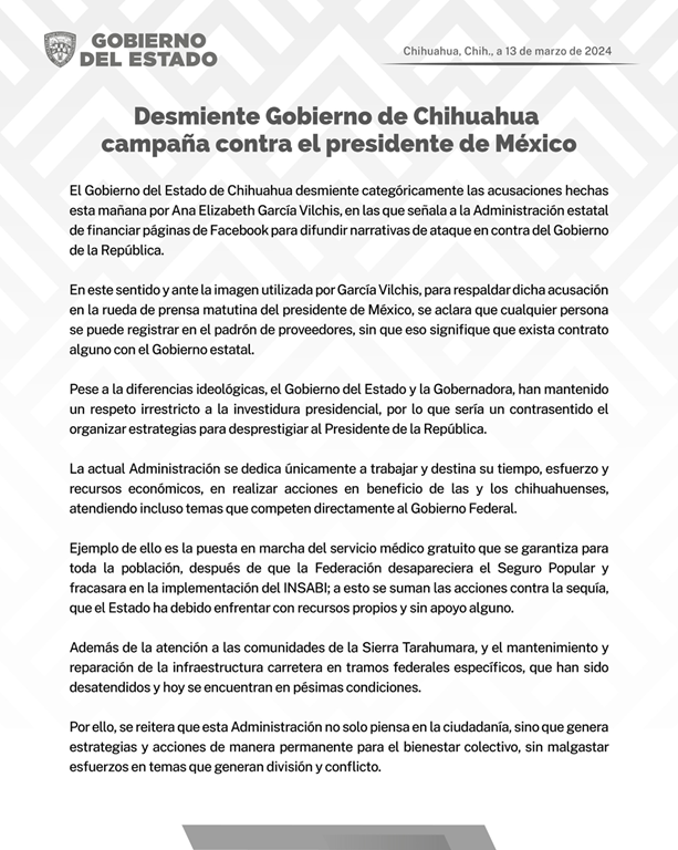DESMIENTE GOBIERNO DE CHIHUAHUA CAMPAÑA CONTRA EL PRESIDENTE DE MÉXICO