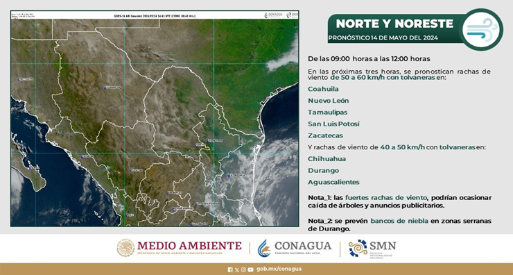 RACHAS DE 40 A 60 KM/H Y POSIBLES TOLVANERAS EN AGUASCALIENTES, CHIHUAHUA Y DURANGO.