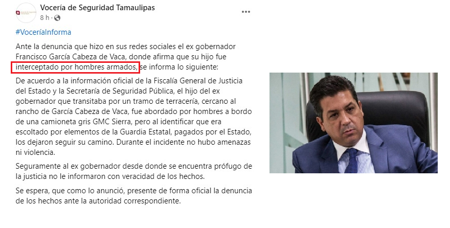 HIJO DE CABEZA DE VACA FUE INTERCEPTADO SOBRE UN TRAMO CARRETERO, PERO QUE “NO HUBO AMENAZAS”