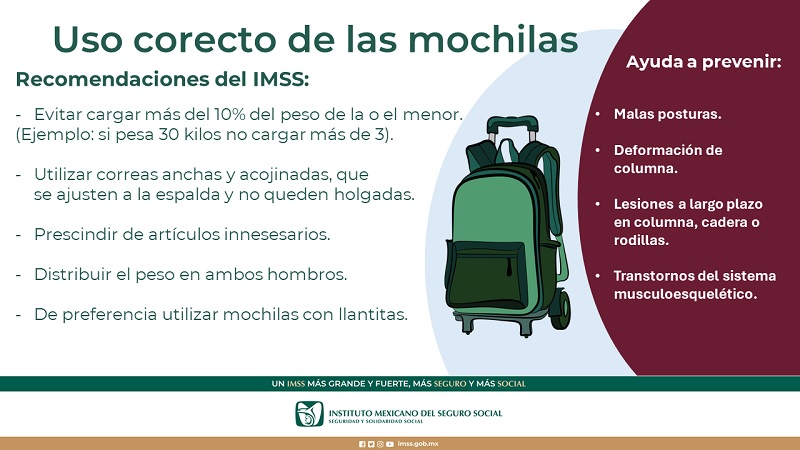 ADVIERTE IMSS CHIHUAHUA SOBRE EXCESO DE PESO EN MOCHILAS ESCOLARES