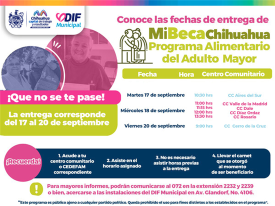 INFORMA DIF MUNICIPAL LUGARES Y FECHAS PARA ENTREGA PAAM DEL 17 AL 20 DE SEPTIEMBRE