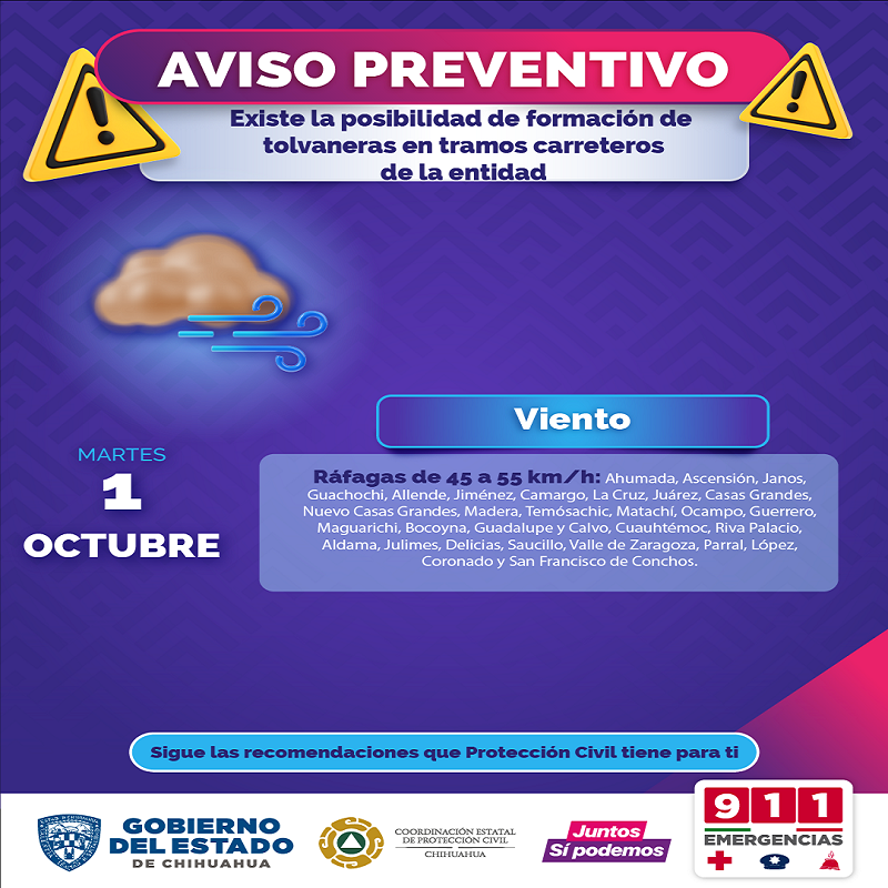 EMITE PROTECCIÓN CIVIL AVISO PREVENTIVO ANTE PRONÓSTICO DE VIENTO