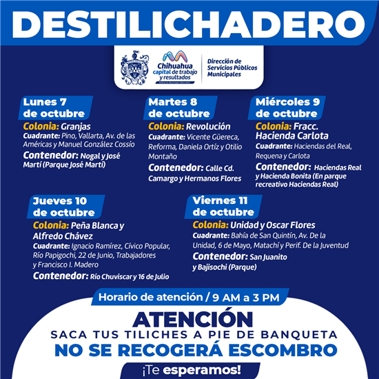 CONOCE LAS COLONIAS QUE VISITARÁEL PROGRAMA DESTILICHADERO DEL 7 AL 11 DE OCTUBRE