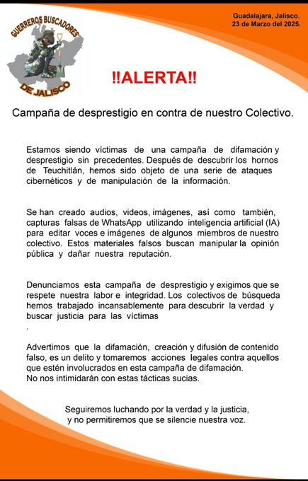 GUERREROS BUSCADORES DE JALISCO DENUNCIA CAMPAÑA DE DESPRESTIGIO POR CASO TEUCHITLÁN