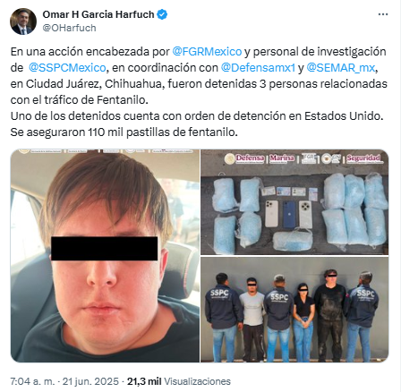 DETIENEN A TRES PERSONAS PRESUNTAMENTE VINCULADAS AL TRÁFICO DE FENTANILO EN CIUDAD JUÁREZ, CHIHUAHUA. 