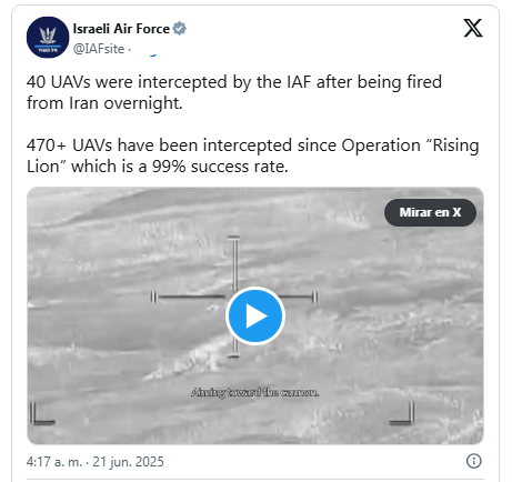 EL EJÉRCITO DE ISRAEL INTERCEPTÓ 40 DRONES DURANTE LA NOCHE 