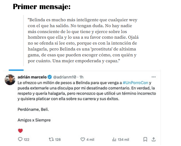 ADRIÁN MARCELO PIDE PERDÓN A BELINDA Y LE OFRECE UN MILLÓN DE PESOS POR UNA ENTREVISTA