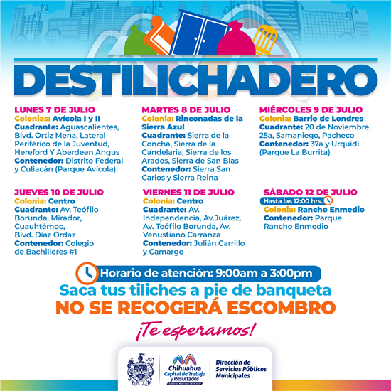 CONOCE EN QUÉ COLONIAS ESTARÁ EL DESTILICHADERO DEL 7 AL 12 DE JULIO