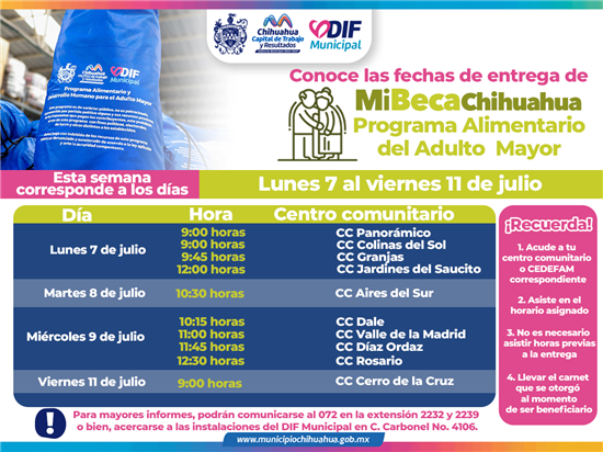 INFORMA MUNICIPIO HORARIOS Y LUGARES PARA ACUDIR POR TU PAQUETE ALIMENTARIO DEL 7 AL 11 DE JULIO