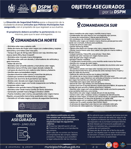 PUBLICA POLICÍA MUNICIPAL LISTA DE OBJETOS RECUPERADOS PARA QUE SEAN RECLAMADOS SUS DUEÑOS