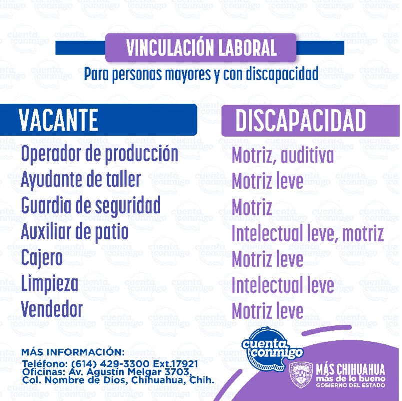 ANUNCIAN NUEVAS VACANTES PARA PERSONAS CON DISCAPACIDAD EN LA CIUDAD DE CHIHUAHUA
