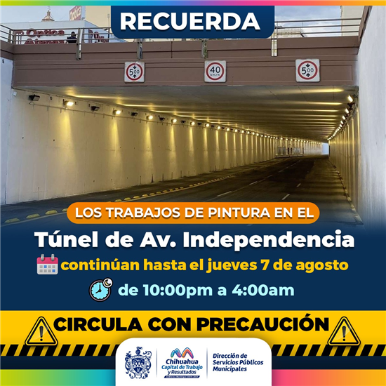CONTINÚA MUNICIPIO TRABAJOS DE PINTURA EN TÚNEL DE LA AVENIDA INDEPENDENCIA