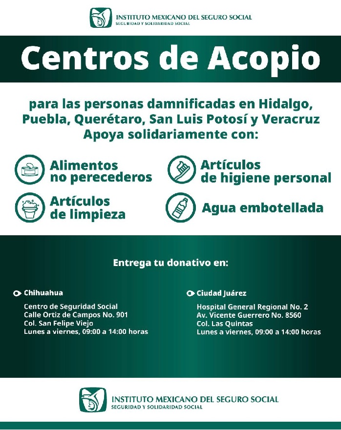 INSTALA IMSS CHIHUAHUA CENTROS DE ACOPIO EN APOYO A PERSONAS DAMNIFICADAS POR LLUVIAS INTENSAS 