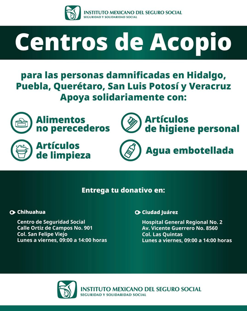 INSTALA IMSS CHIHUAHUA CENTROS DE ACOPIO EN APOYO A PERSONAS DAMNIFICADAS POR LLUVIAS INTENSAS
