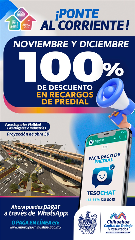 PAGA TU PREDIAL EN EL TESOCHAT DESDE TU WHATSAPP, APROVECHA DESCUENTO DEL 100% EN LOS RECARGOS