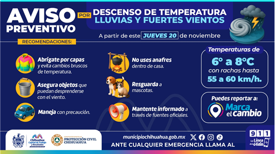 ALERTA POR POSIBLE DESCENSO EN TEMPERATURAS Y VIENTOS FUERTES: PROTECCIÓN CIVIL MUNICIPAL