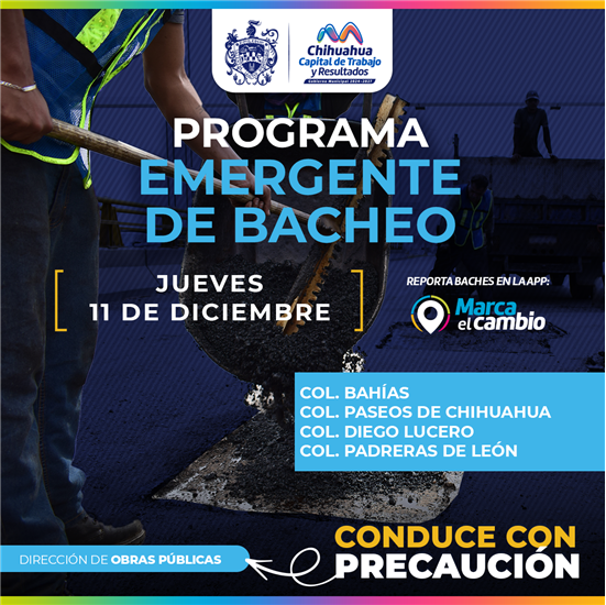 CUATRO ZONAS TENDRÁN BACHEO ESTE JUEVES 11 DE DICIEMBRE: MUNICIPIO