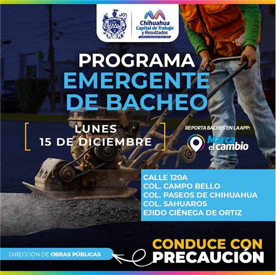 ATENDERÁ MUNICIPIO CON BACHEO CINCO ZONAS ESTE LUNES 15 DE DICIEMBRE