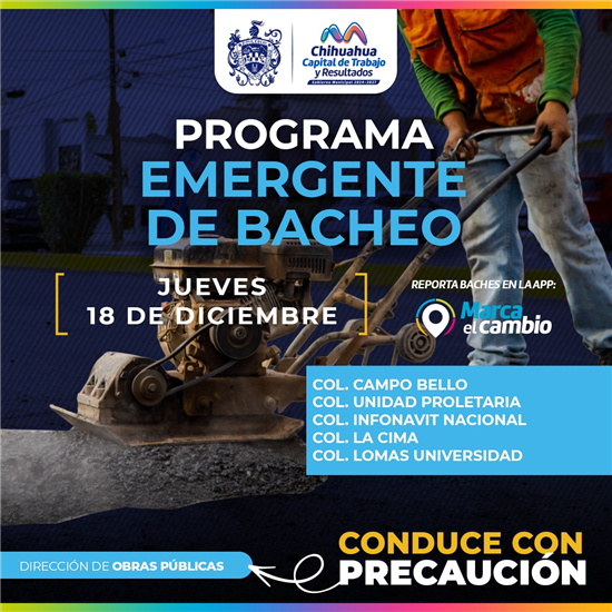 CINCO COLONIAS TENDRÁN BACHEO ESTE JUEVES 18 DE DICIEMBRE: MUNICIPIO