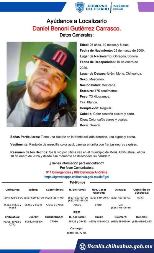 SOLICITAN APOYO PARA LOCALIZAR A JOVEN DESAPARECIDO EN MORIS