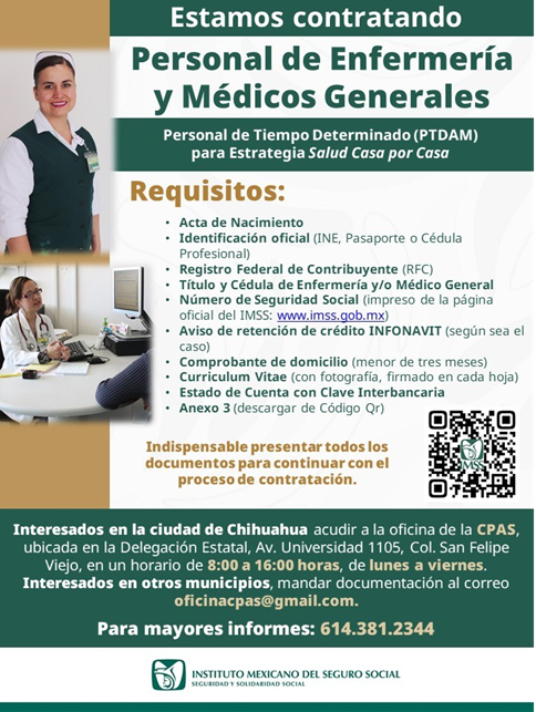 ABRE IMSS CHIHUAHUA CONVOCATORIA PARA CONTRATACIÓN TEMPORAL DE PERSONAL MÉDICO Y DE ENFERMERÍA PARA ESTRATEGIA SALUD CASA POR CASA