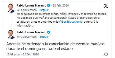 JALISCO SUSPENDE CLASES Y EVENTOS MASIVOS ANTE HECHOS VIOLENTOS POR EL ABATIMIENTO DE ‘EL MENCHO’.