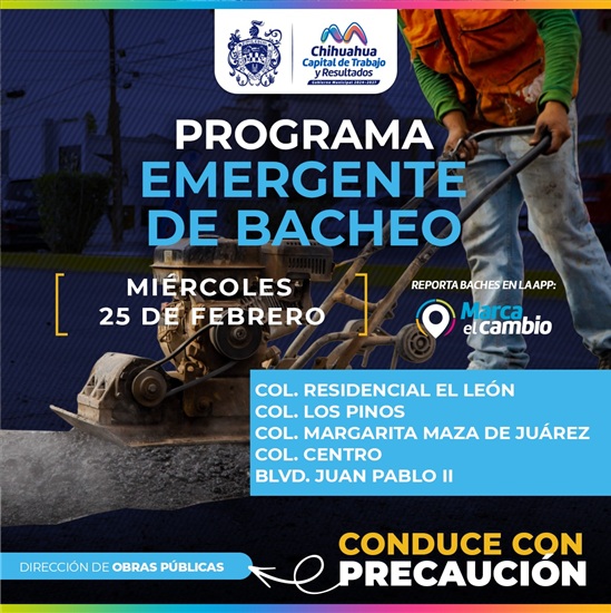 ATENDERÁ MUNICIPIO CON BACHEO CINCO ZONAS ESTE MIÉRCOLES 25 DE FEBRERO