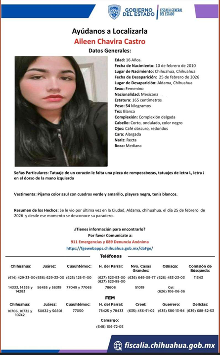 BUSCAN A JOVENCITA DE 16 AÑOS DESAPARECIDA EN ALDAMA