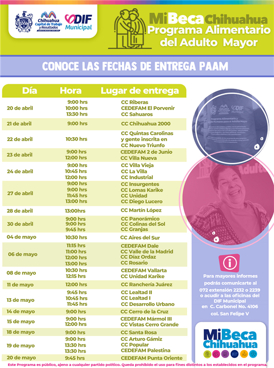 INFORMA DIF MUNICIPAL CALENDARIO DEL PAAM DEL 20 DE ABRIL AL 20 DE MAYO