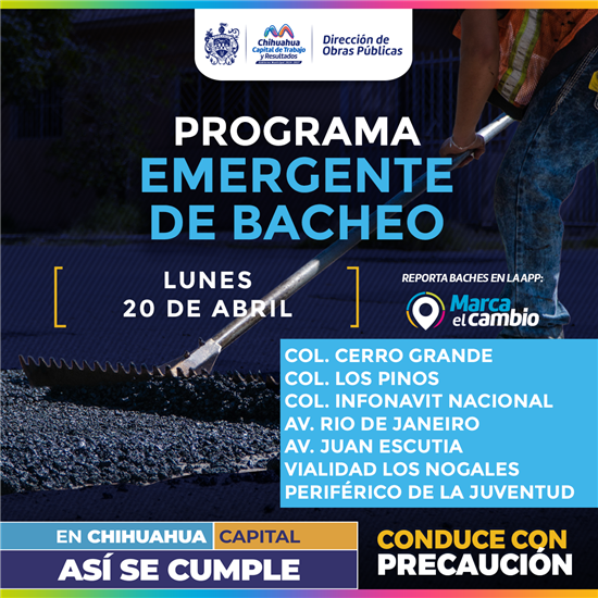 SIETE ZONAS TENDRÁN BACHEO ESTE LUNES 20 DE ABRIL: MUNICIPIO