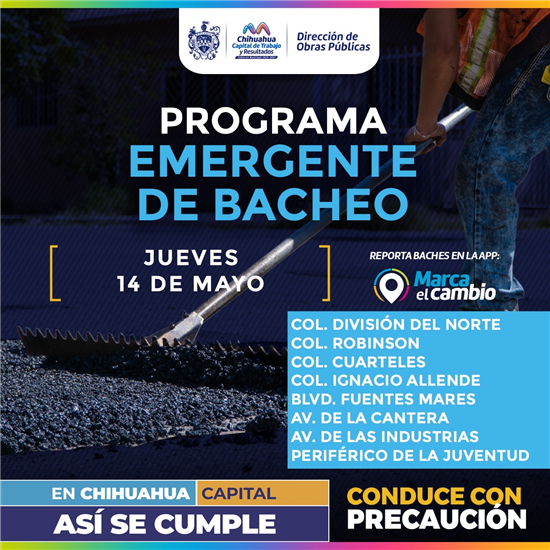 OCHO ZONAS TENDRÁN BACHEO ESTE JUEVES 14 DE MAYO: MUNICIPIO