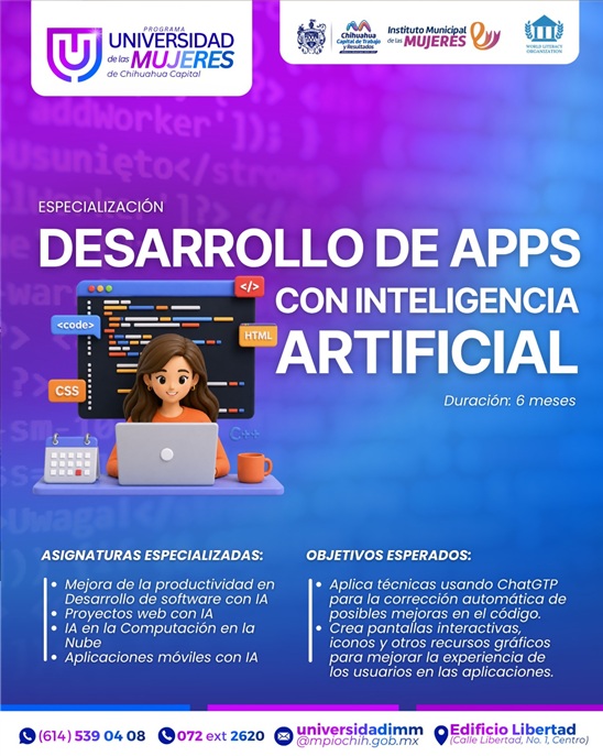 IMPULSA MUNICIPIO ESPECIALIZACIÓN EN DESARROLLO DE APPS CON INTELIGENCIA ARTIFICIAL EN LA UNIVERSIDAD DE LAS MUJERES