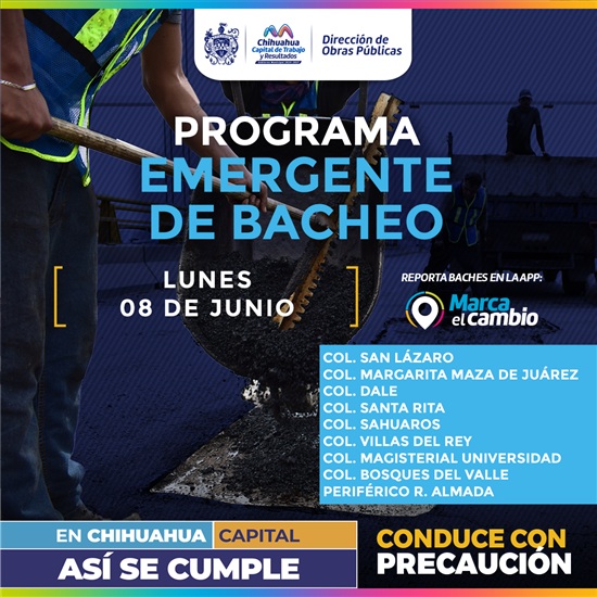 NUEVE ZONAS TENDRÁN BACHEO ESTE LUNES 8 DE JUNIO: MUNICIPIO