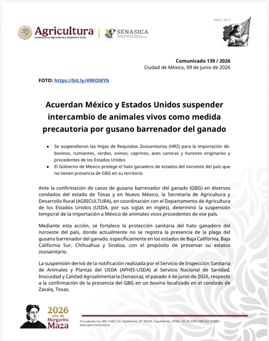  USDA ANUNCIÓ LA SUSPENSIÓN DE IMPORTACIÓN A MÉXICO DE ANIMALES VIVOS PROCEDENTES DEL PAÍS POR GUSANO BARRENADOR