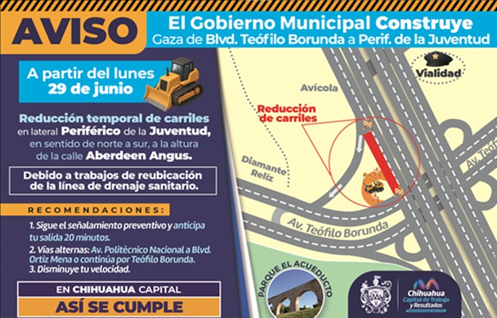 ¡ALERTA VIAL! REDUCCIÓN DE CARRILES EN TRAMO DE LATERAL DEL PERIFÉRICO DE LA JUVENTUD POR REUBICACIÓN DE LÍNEA DE DRENAJE: MUNICIPIO