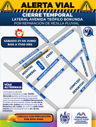 ¡TOMA PRECAUCIONES! HABRÁ CIERRE PARCIAL EN LA LATERAL DE LA AVENIDA TEÓFILO BORUNDA POR REPARACIÓN DE REJILLA PLUVIAL