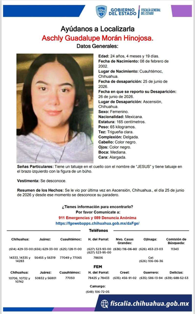 BUSCAN A ASCHLY GUADALUPE DESAPARECIDA EN ASCENSIÓN