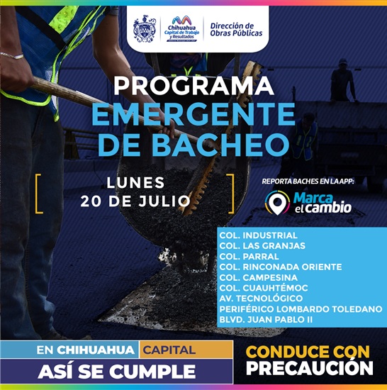 ATENDERÁ MUNICIPIO NUEVE ZONAS CON BACHEO ESTE LUNES 20 DE JULIO