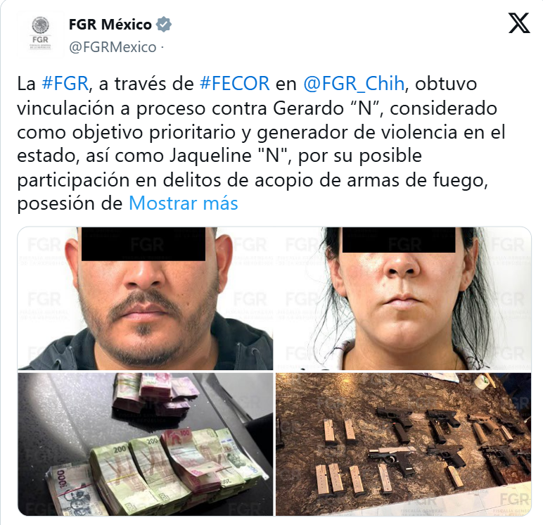  FUERON VINCULADOS A PROCESO JAQUELINE “N” Y A GERARDO “N”  EN CIUDAD JUÁREZ, POR SU PRESUNTA PARTICIPACIÓN EN LOS DELITOS DE ACOPIO DE ARMAS DE FUEGO