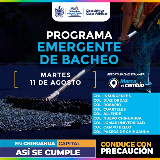 ATENDERÁ MUNICIPIO NUEVE ZONAS CON BACHEO ESTE MARTES 11 DE AGOSTO