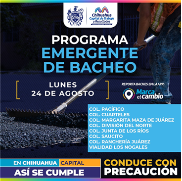 OCHO ZONAS TENDRÁN BACHEO ESTE LUNES 24 DE AGOSTO: MUNICIPIO