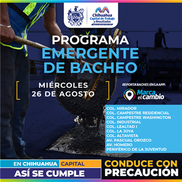 DIEZ ZONAS TENDRÁN BACHEO ESTE MIÉRCOLES 26 DE AGOSTO: MUNICIPIO