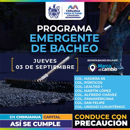 OCHO ZONAS TENDRÁN BACHEO ESTE JUEVES 3 DE SEPTIEMBRE: MUNICIPIO