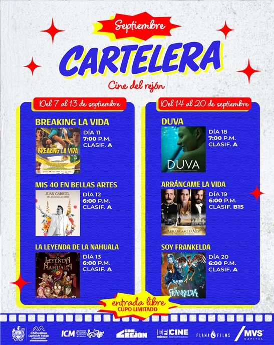 INVITA GOBIERNO MUNICIPAL A DISFRUTAR LA CARTELERA DE SEPTIEMBRE EN EL CINE DEL REJÓN
