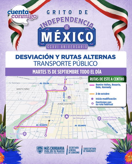 ANUNCIA ESTADO CAMBIOS EN RUTAS DEL SISTEMA DE TRASPORTE URBANO CON MOTIVO DEL GRITO DE INDEPENDENCIA