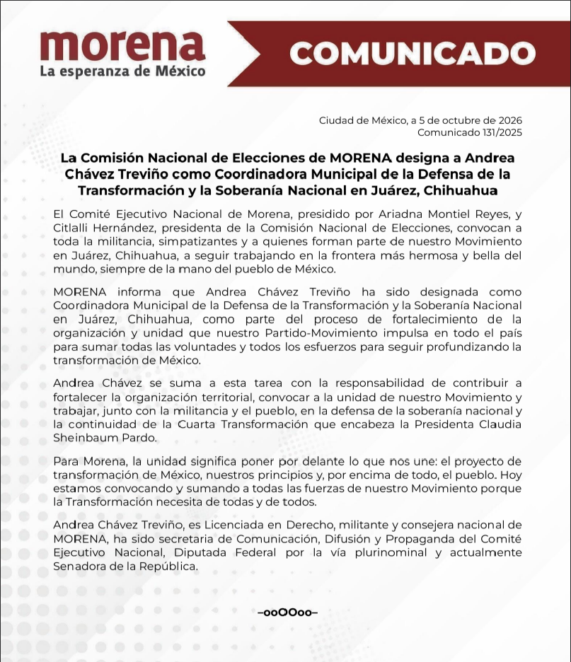 DESIGNA MORENA A ANDREA CHÁVEZ COORDINADORA MUNICIPAL EN JUÁREZ