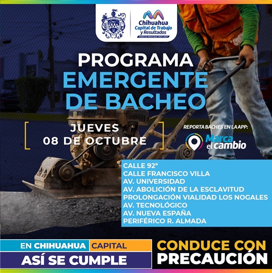 OCHO ZONAS TENDRÁN BACHEO ESTE JUEVES 8 DE OCTUBRE: MUNICIPIO