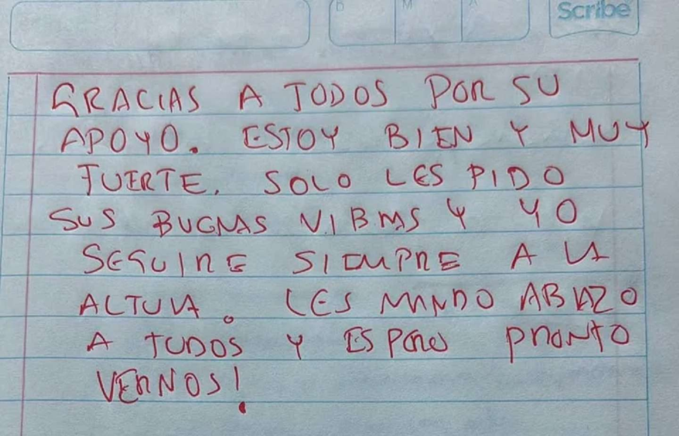 A TRAVÉS DE UN MENSAJE ESCRITO DE SU PUÑO Y LETRA, CÉSAR JÁUREGUI MORENO AGRADECIÓ LAS MUESTRAS DE SOLIDARIDAD